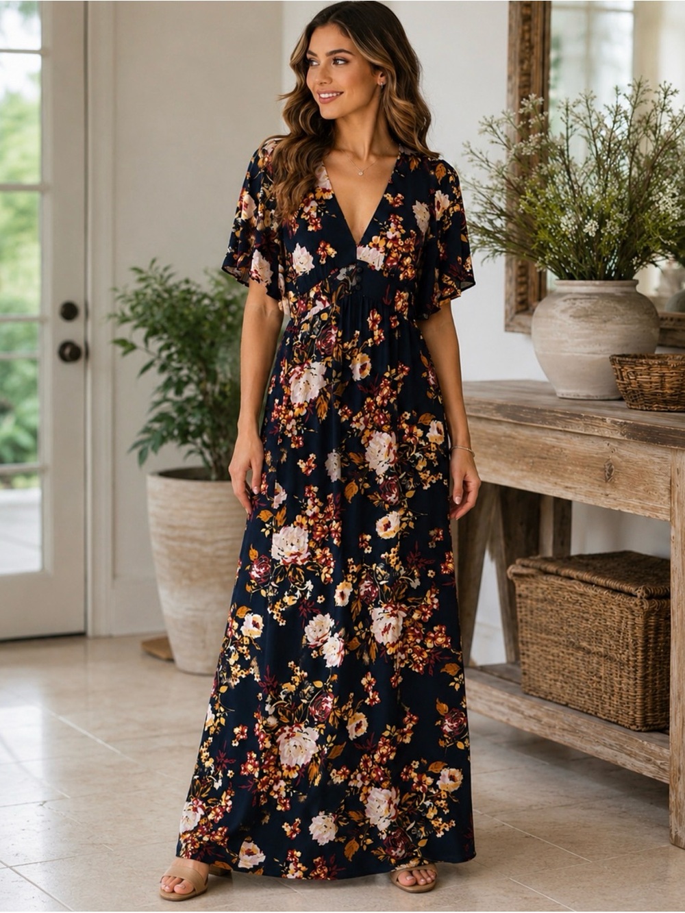 Bailey Blue Navy Floral Maxi Dress Medium Boho Flutter Sleeve Empire Waist